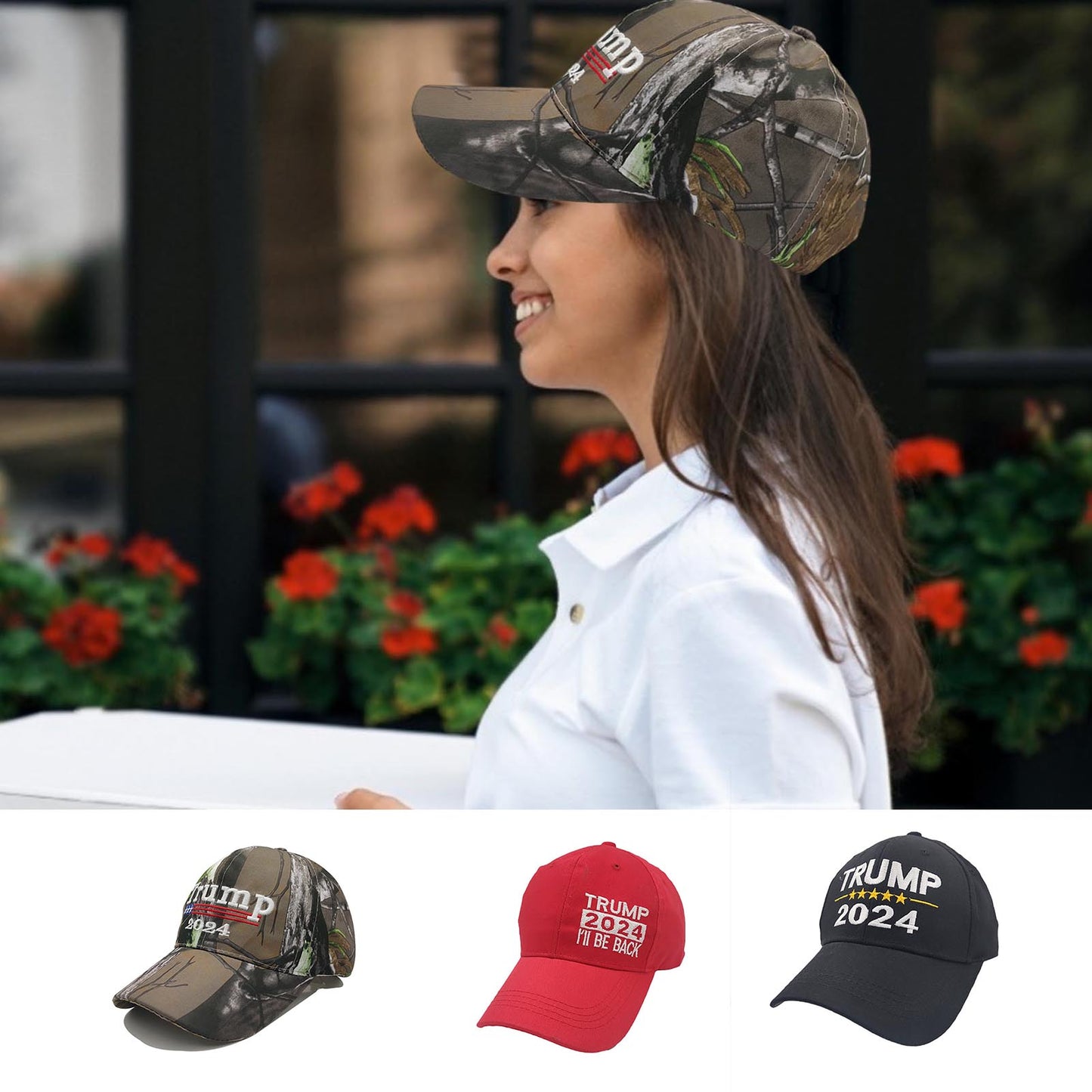 Trump 2024 Camo Baseball Hat with USA Flag - Liberty Essentials Apparel