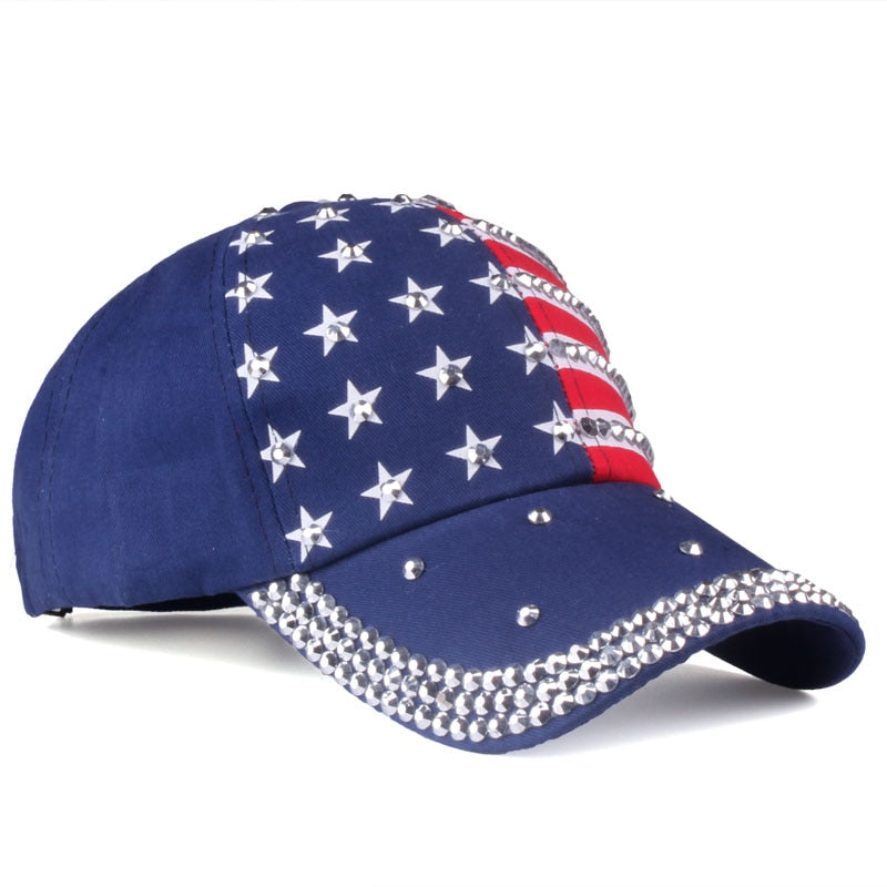 USA Flag Women Snapback cap with rhinestone star Denim - Liberty Essentials Apparel