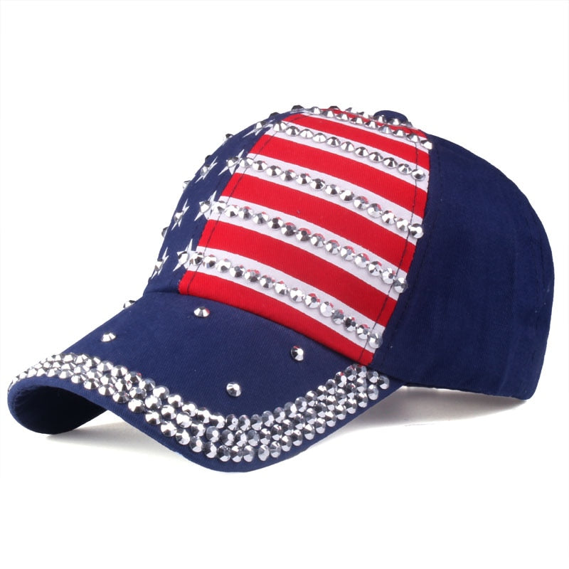 USA Flag Baseball Cap rhinestone star Denim cap hat - Liberty Essentials Apparel