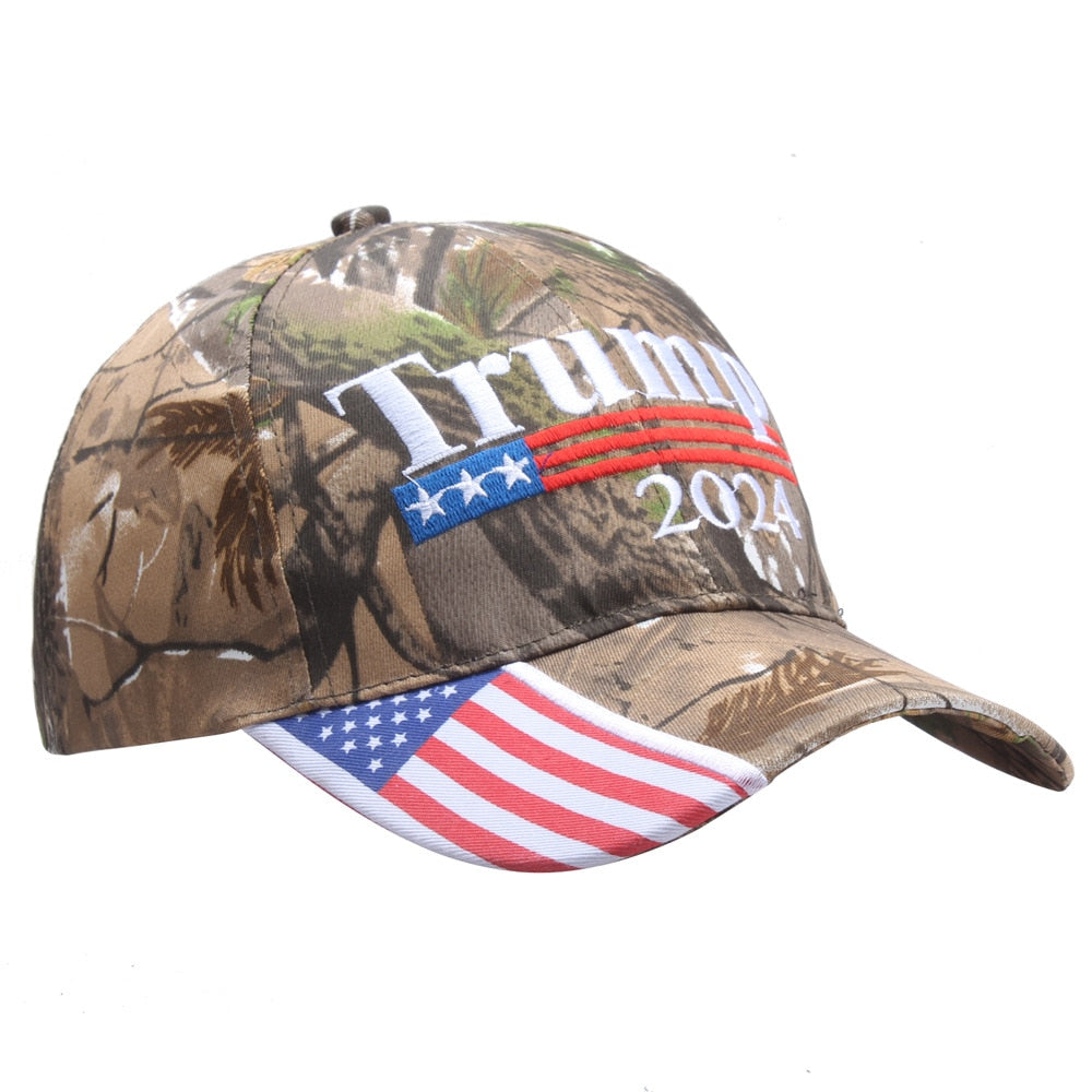 Donald Trump 2024 Camo Baseball Cap with USA Flag - Keep America Great! - Liberty Essentials Apparel